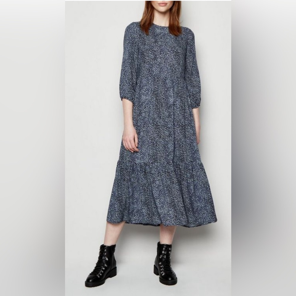 NWT Express XL Blue Black White Leopard Print Midi Dress